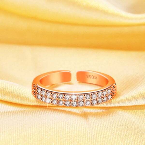 ezgif.com-gif-maker_94 925 Sterling Silver Double Row Crystal Zircon Rose Gold Simple Open Adjustable Ring - Image 1